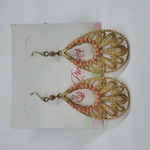 Premier Designs Gold Toned Coral Colored Beaded Wire Earrings NIB